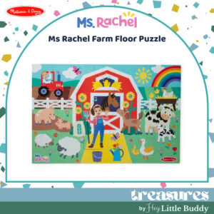 Melissa & Doug Ms. Rachel Floor Puzzle Farm features a rectangular puzzle with colorful illustrations of a barn, farm animals, and a woman in overalls, along with the Melissa & Doug and Ms. Rachel logos.