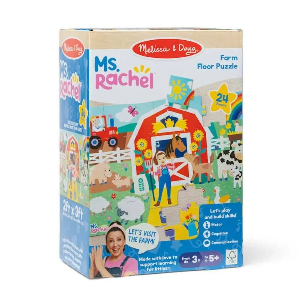 0000772504164-4 Box of Melissa & Doug Ms. Rachel Floor Puzzle Farm Ms Rachel featuring colorful farm animals, a barn, and 24 puzzle pieces, for ages 3+, supporting memory, cognitive, and communication skills.