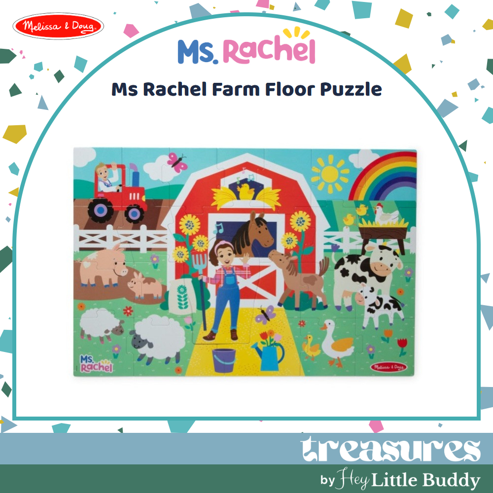 0000772504164 Melissa & Doug Ms. Rachel Floor Puzzle Farm features a rectangular puzzle with colorful illustrations of a barn, farm animals, and a woman in overalls, along with the Melissa & Doug and Ms. Rachel logos.