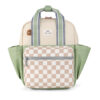 An Itzy Ritzy Sweetie Strap Plus Bear Silicone Pacifier Clip in small beige and green, featuring gray straps and a checkered front pocket.