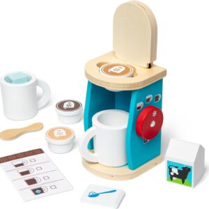 A Melissa & Doug Brew and Serve Wooden Coffee Maker Set with cups and mugs.