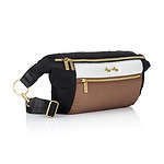 A black and white fanny pack with a gold zipper.