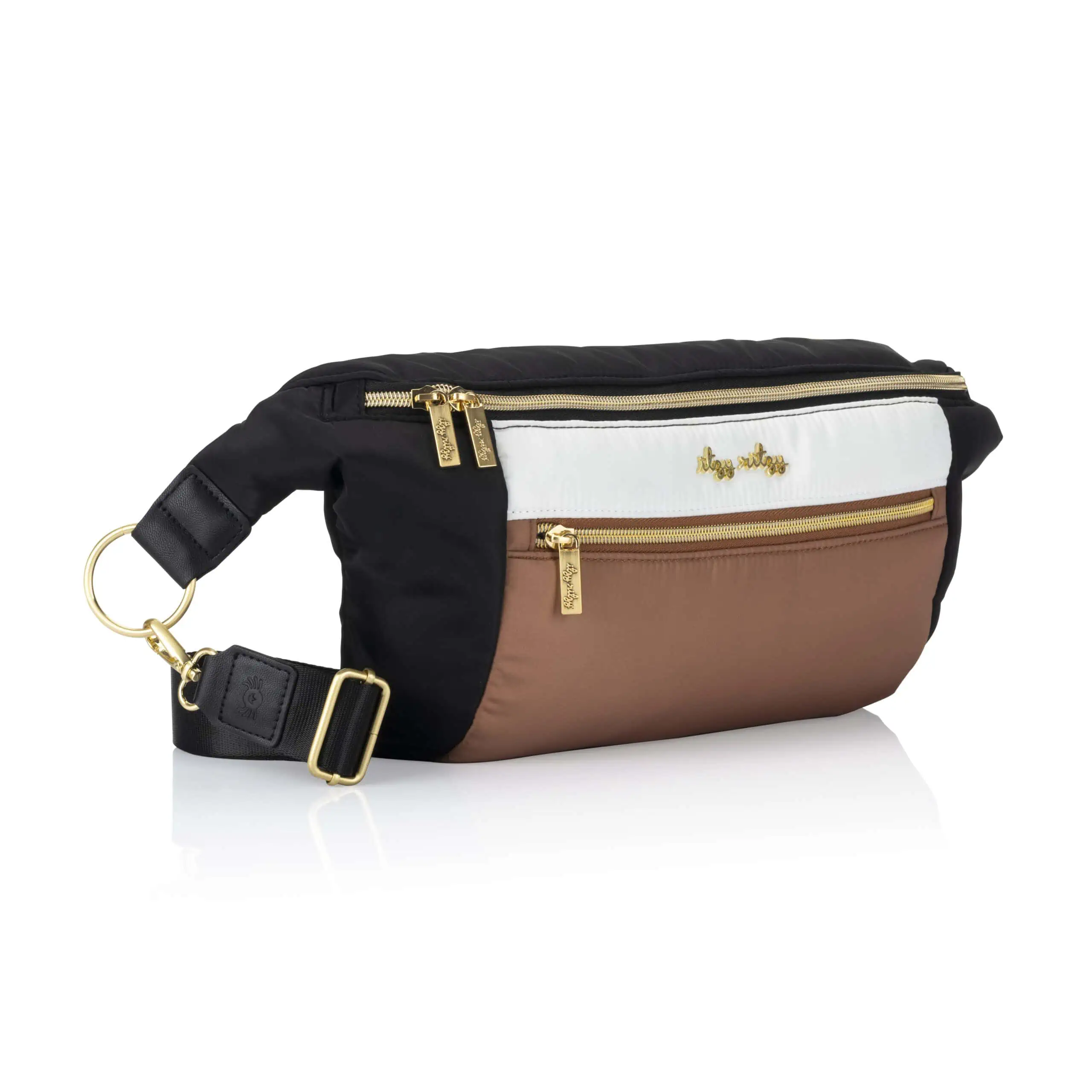A black and white fanny pack with a gold zipper.