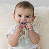 A baby is chewing on an Itzy Ritzy Teething Baby Gift Set.