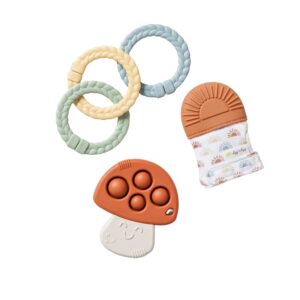 An Itzy Ritzy Teething Baby Gift Set that includes a mushroom, a ring, and a glove.
