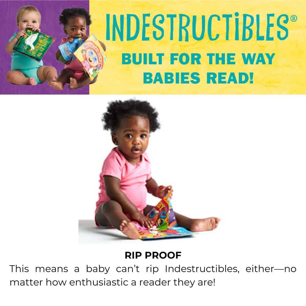 A baby is reading the Indestructibles Baby Book, See the Colors! Chew Proof Nontoxic Newborn Infant with the words built for the way babies read.