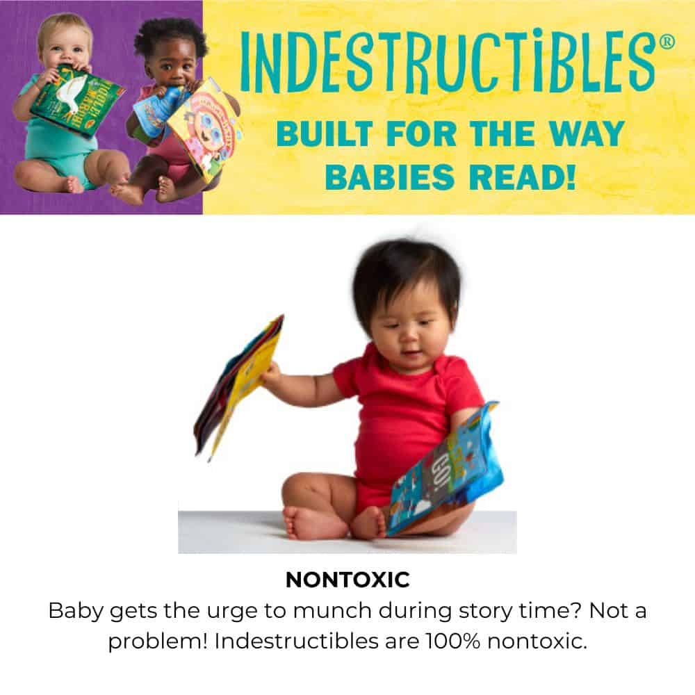 A baby is holding an Indestructibles Baby Book, See the Colors! Chew Proof Nontoxic Newborn Infant.