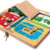 A Melissa & Doug Locks and Latches Board with a lock and key.