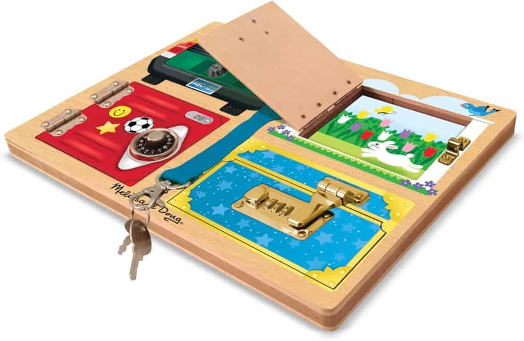 A Melissa & Doug Locks and Latches Board with a lock and key.