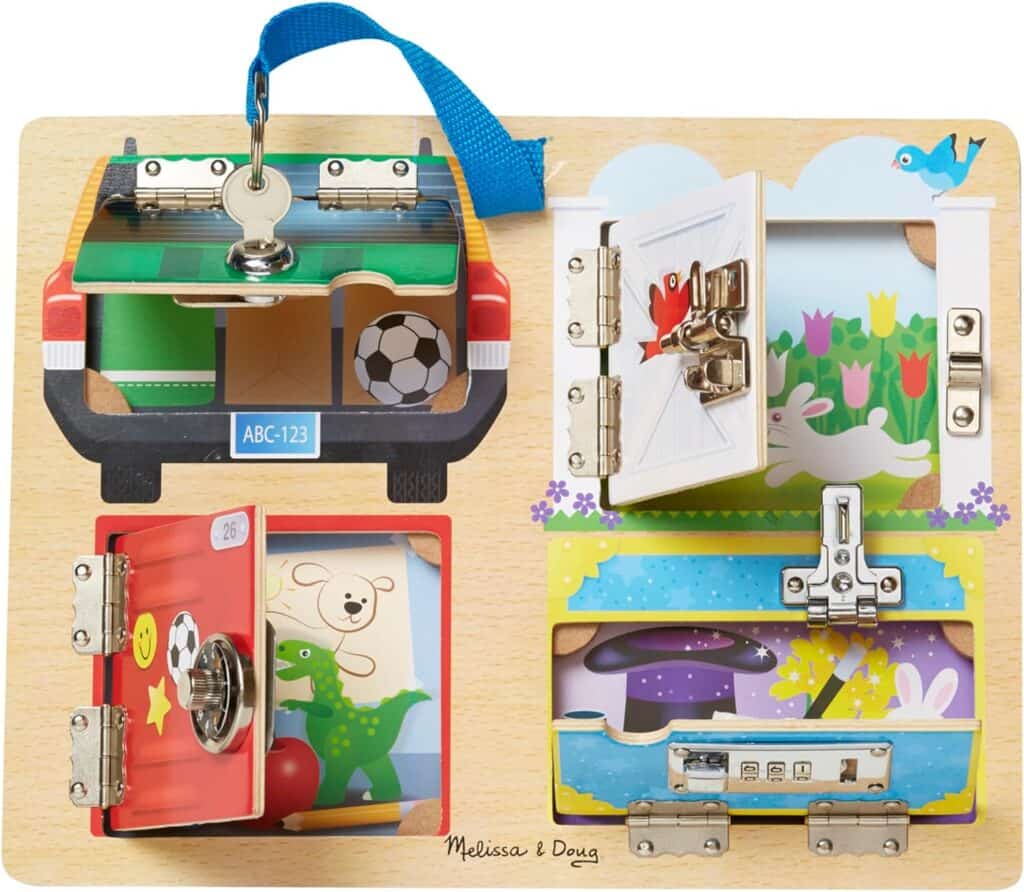 A Melissa & Doug Locks and Latches Board with a variety of toys on it.