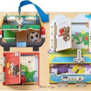 A Melissa & Doug Locks and Latches Board with a variety of toys on it.