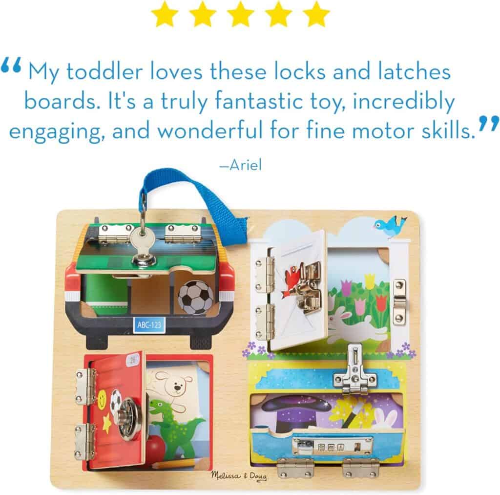 A Melissa & Doug Locks and Latches Board with a picture of a toy and a picture of a toy.