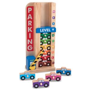Melissa & Doug Stack & Count Wooden Parking Garage With 10 Cars with cars and a parking sign.
