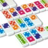 A Melissa & Doug Dominoes Tabletop Game 28 Colorful Tiles on a white surface.