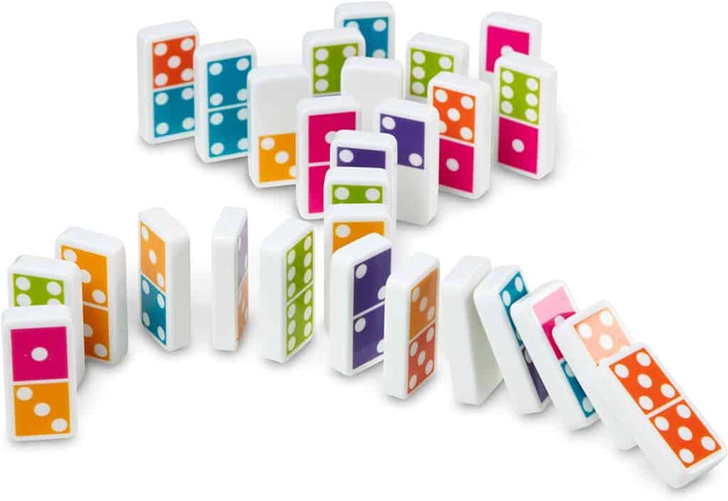 Melissa & Doug Dominoes Tabletop Game 28 Colorful Tiles in different colors are arranged on a white surface.