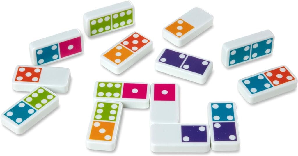 A set of Melissa & Doug Dominoes Tabletop Game 28 Colorful Tiles on a white surface.