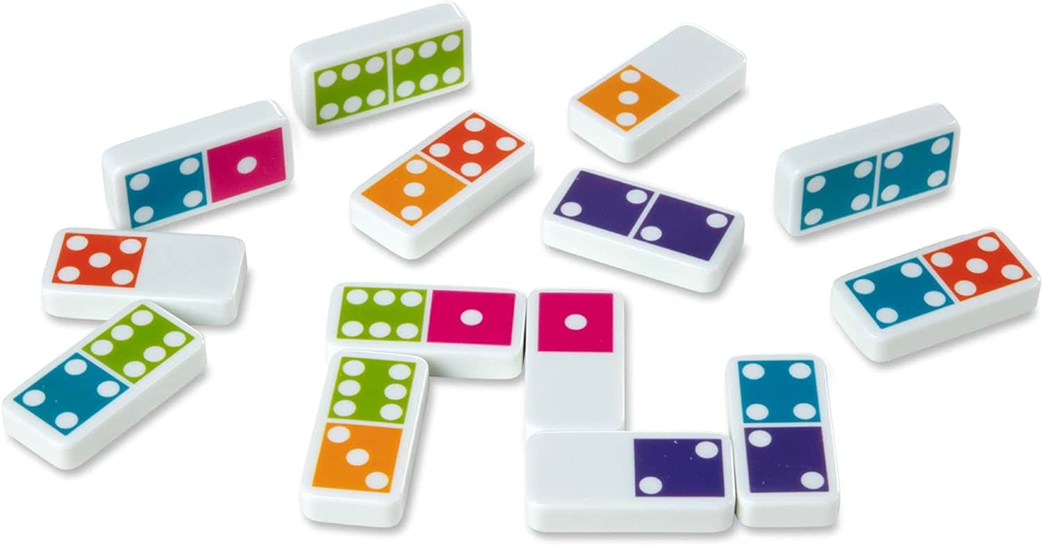A set of Melissa & Doug Dominoes Tabletop Game 28 Colorful Tiles on a white surface.