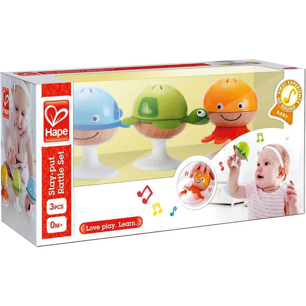 A Hape Put-Stay Sea Animal Suction Rattle Set Three Toys in a box.