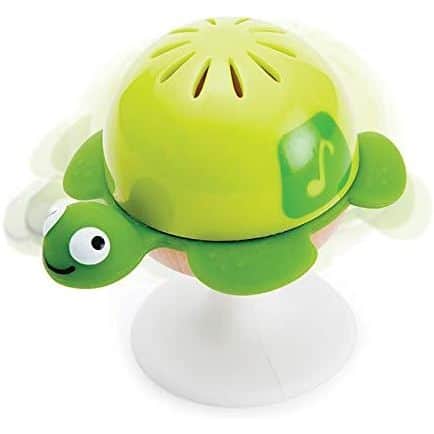 A Hape Put-Stay Sea Animal Suction Rattle Set Three Toys on a white stand.