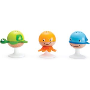 A set of Hape Put-Stay Sea Animal Suction Rattle Set Three Toys with a turtle, octopus, and a shark.