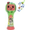 A toy with a First Act CoComelon Musical Sing-Along Microphone Plays Clips ‘Thank You’ Song Clip and music notes on it.