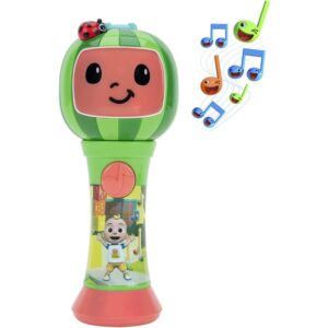 A toy with a First Act CoComelon Musical Sing-Along Microphone Plays Clips ‘Thank You’ Song Clip and music notes on it.