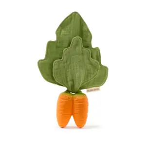 An Oli & Carol Cathy the Carrot Mini Doudou Teether Natural Rubber on a white background.