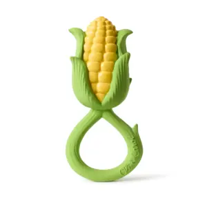 An Oli & Carol Corn Rattle Toy Teether Baby Natural Rubber on a white background.