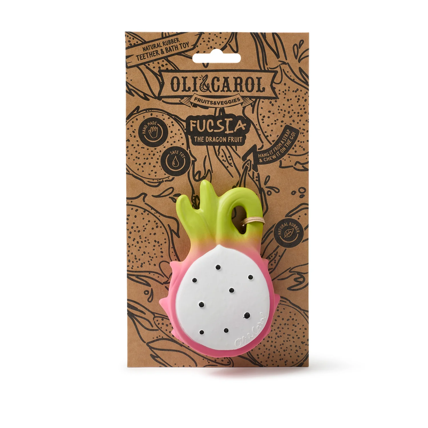 Oli & Carol Fucsia de Dragonfruit Baby Teether Natural Rubber (1) A Oli & Carol Fucsia de Dragonfruit Baby Teether Natural Rubber in a package.