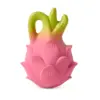A pink and green Oli & Carol Fucsia de Dragonfruit Baby Teether Natural Rubber shaped toy on a white background.