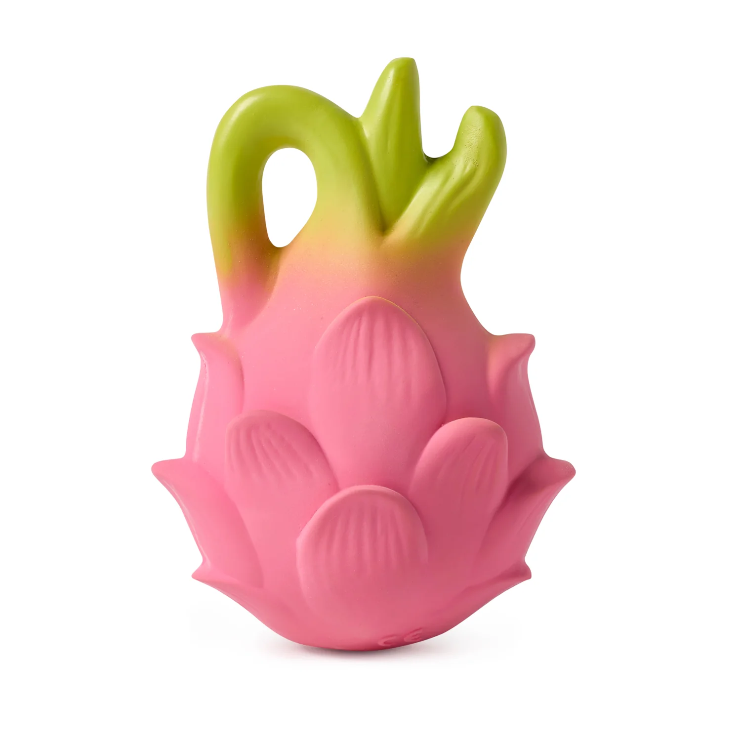 Oli & Carol Fucsia de Dragonfruit Baby Teether Natural Rubber (2) A pink and green Oli & Carol Fucsia de Dragonfruit Baby Teether Natural Rubber shaped toy on a white background.
