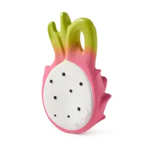 A "Oli & Carol Fucsia de Dragonfruit Baby Teether Natural Rubber" toy on a white surface.