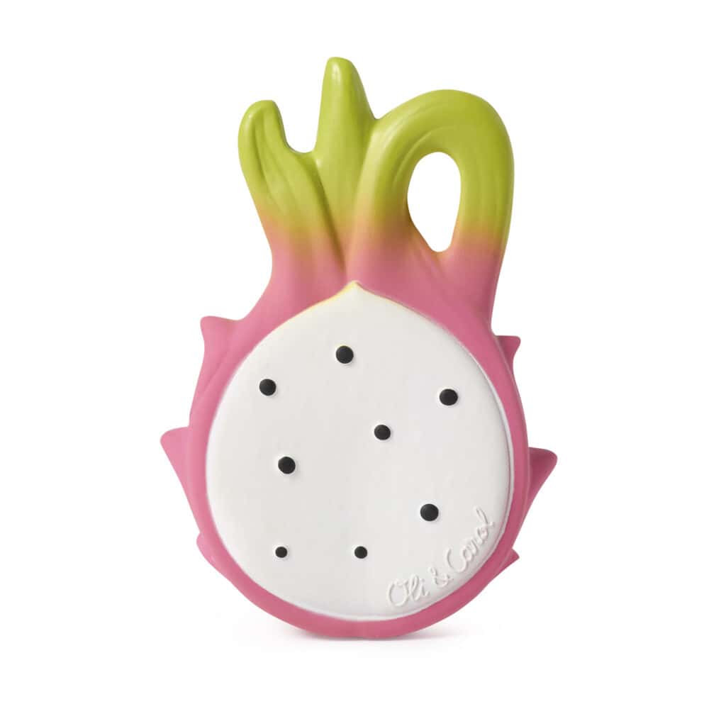 A Oli & Carol Fucsia de Dragonfruit Baby Teether Natural Rubber on a white background.
