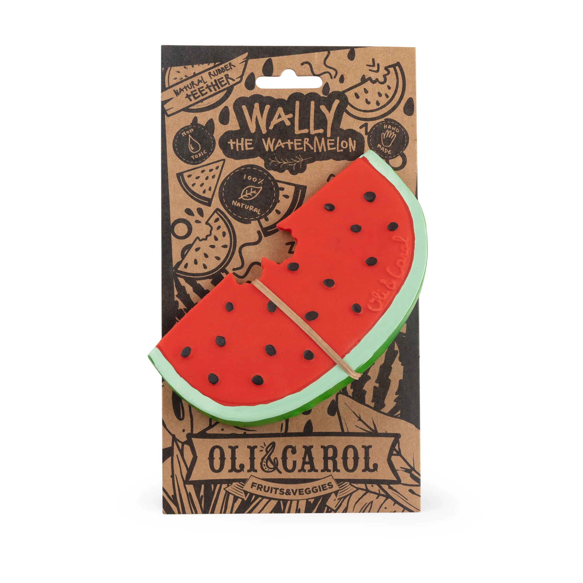 Oli & Carol Wally the Watermelon Baby Teether Natural Rubber (4) A Oli & Carol Wally the Watermelon Baby Teether Natural Rubber in a package.