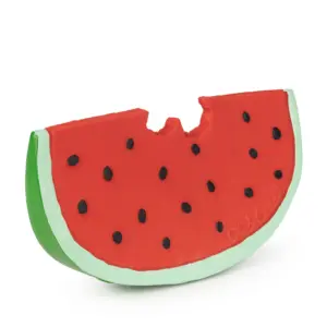 Oli & Carol Wally the Watermelon Baby Teether Natural Rubber on a white surface.