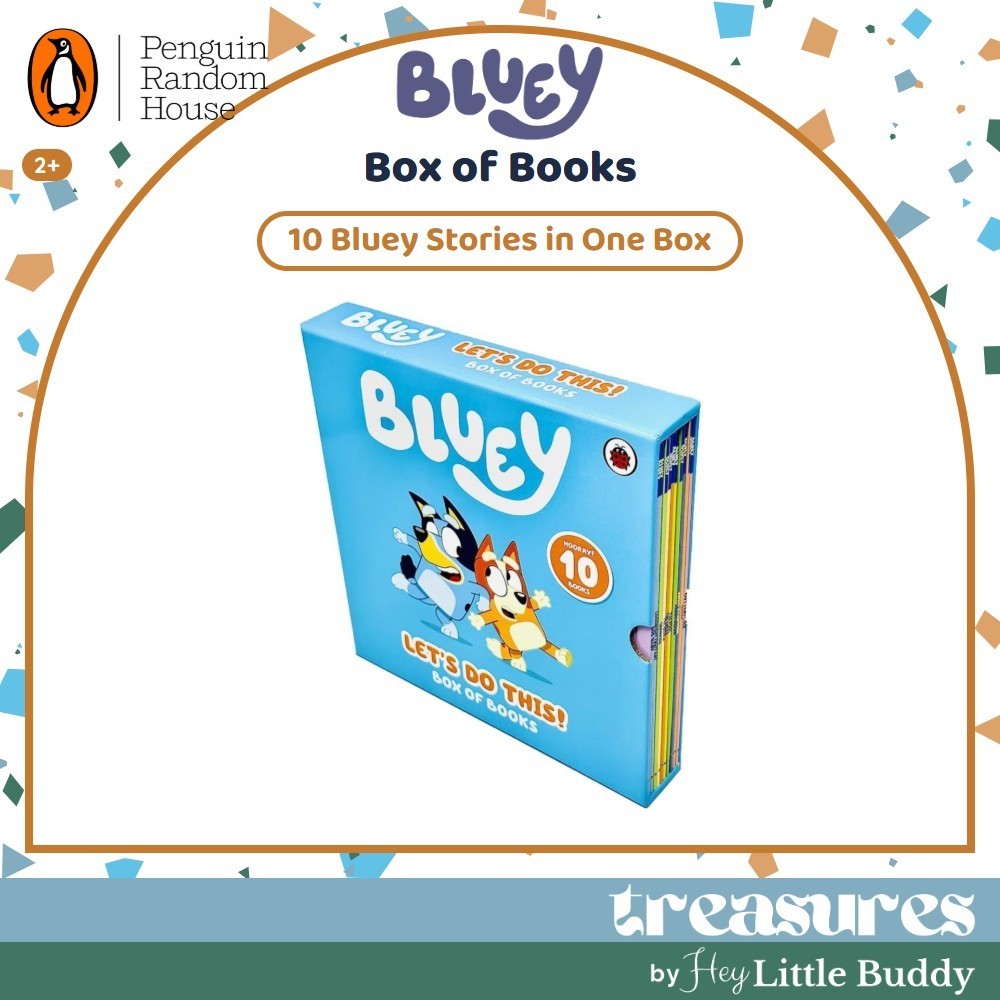 9780241659649-52 A boxed set titled “Bluey Let’s Do This Box of Books 10 Books Collection Box Set Ladybird Children Story Books” is shown, featuring cartoon dogs Bluey and Bingo on the upright cover, surrounded by confetti graphics.