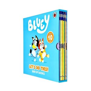 The Bluey Let’s Do This Box of Books 10 Books Collection Box Set by Ladybird features two illustrated cartoon dogs on a blue box and includes 10 visible children’s story books.