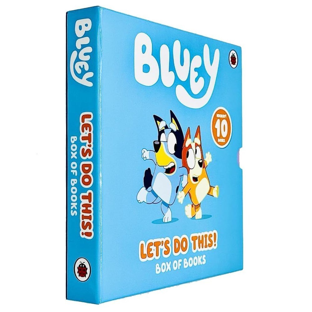 9780241659649-54 The “Bluey Let’s Do This Box of Books 10 Books Collection Box Set” by Ladybird includes 10 children’s story books and features two cartoon dogs on a blue cover.