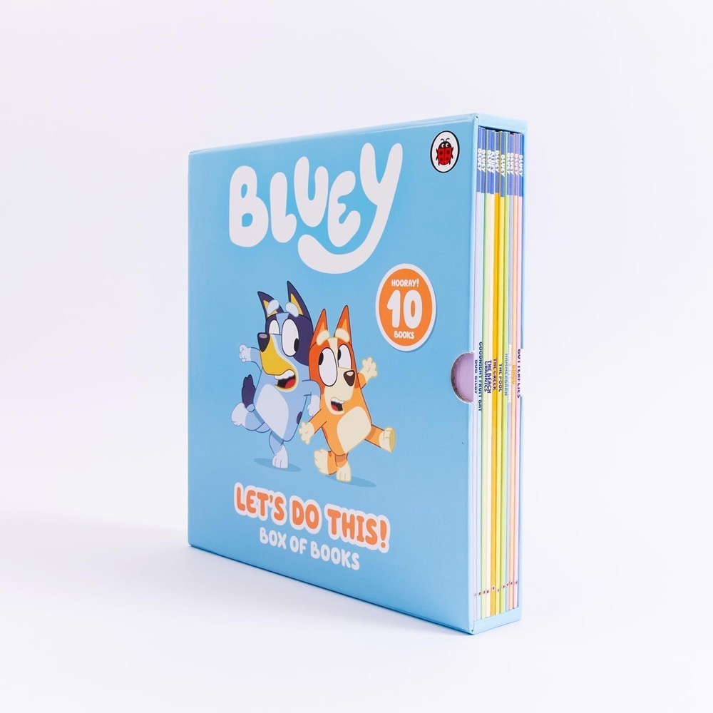 9780241659649-55 The “Bluey Let’s Do This Box of Books 10 Books Collection Box Set Ladybird Children Story Books” features a blue box set containing 10 storybooks, with illustrations of Bluey and Bingo on the cover.