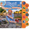 9780794450137-27 Blippi stands smiling and pointing on the cover of the “Blippi Vehicles Are Awesome 10 Button Sound Book Children Board Book Kids Toddler,” which features a variety of vehicles and a sound button panel on the right.
