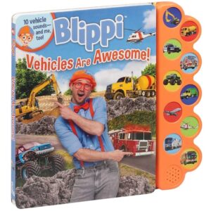 Here’s a rewritten version using the given product data: The “Blippi Vehicles Are Awesome 10 Button Sound Book” is a children’s board book that introduces kids and toddlers to construction and emergency vehicles, featuring a side panel with 10 buttons for interactive vehicle sounds.