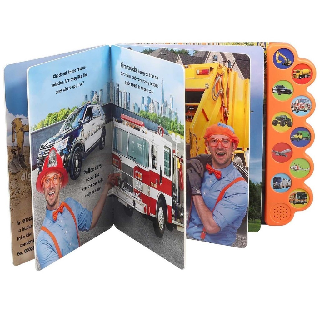 9780794450137-29 Blippi Vehicles Are Awesome 10 Button Sound Book for kids shown open to pages with rescue vehicles, featuring a man in glasses and an orange hat posing beside a police car and fire truck; illustrated vehicle tabs are visible on the right.