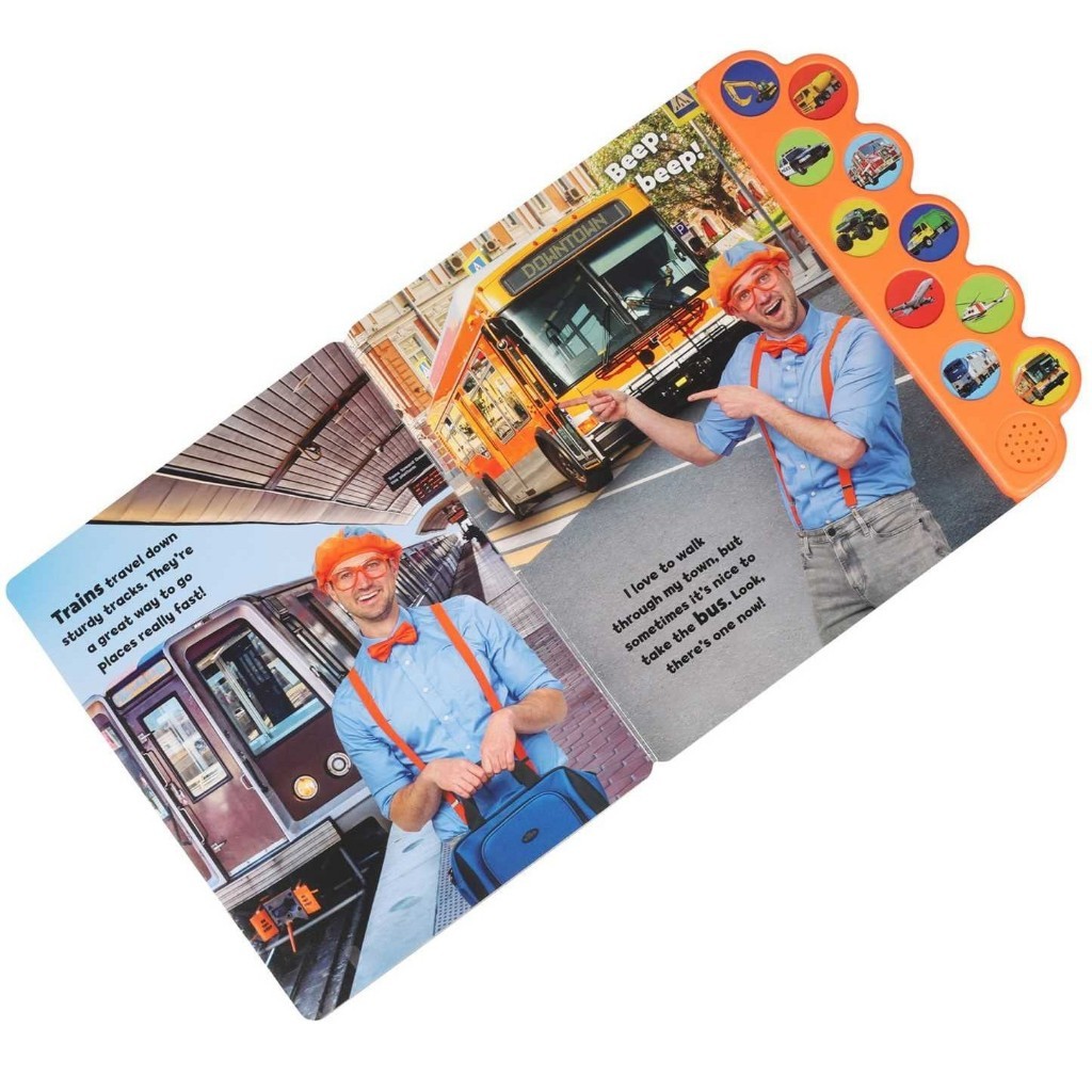 9780794450137-30 An open *Blippi Vehicles Are Awesome 10 Button Sound Book Children Board Book Kids Toddler* shows a character in a blue shirt, orange hat, and bow tie standing near a bus and a train, with vehicle-themed sound buttons displayed on the right side.
