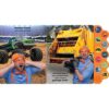 9780794450137-31 A man dressed as Blippi, in a blue shirt and orange suspenders, stands with the “Blippi Vehicles Are Awesome 10 Button Sound Book” in front of a monster truck and a garbage truck; in one photo, he covers his ears, while in the other, he smiles proudly by the trucks.