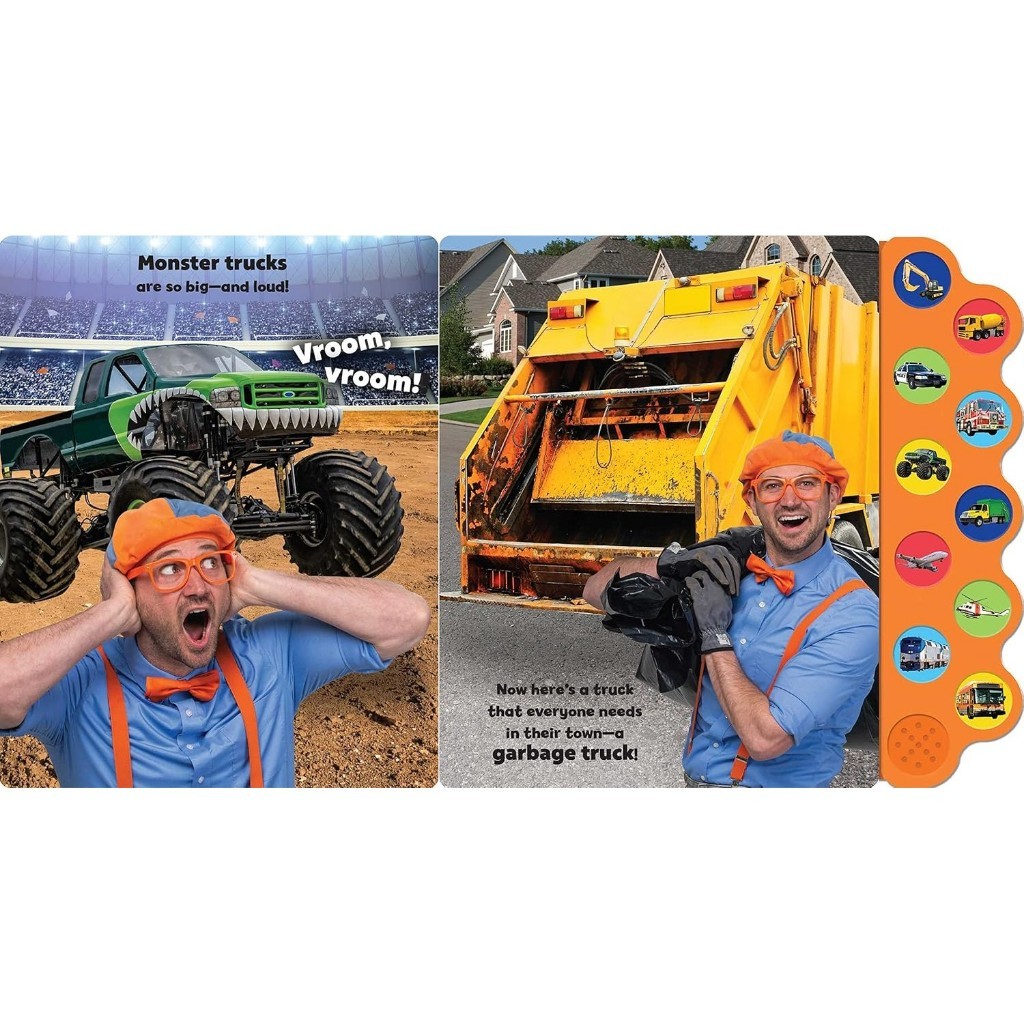 9780794450137-31 A man dressed as Blippi, in a blue shirt and orange suspenders, stands with the “Blippi Vehicles Are Awesome 10 Button Sound Book” in front of a monster truck and a garbage truck; in one photo, he covers his ears, while in the other, he smiles proudly by the trucks.