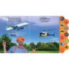 9780794450137-32 A man wearing an orange hat and glasses (Blippi) points up at a flying airplane on the left page and a helicopter soaring over trees on the right page of the “Blippi Vehicles Are Awesome 10 Button Sound Book” for children.