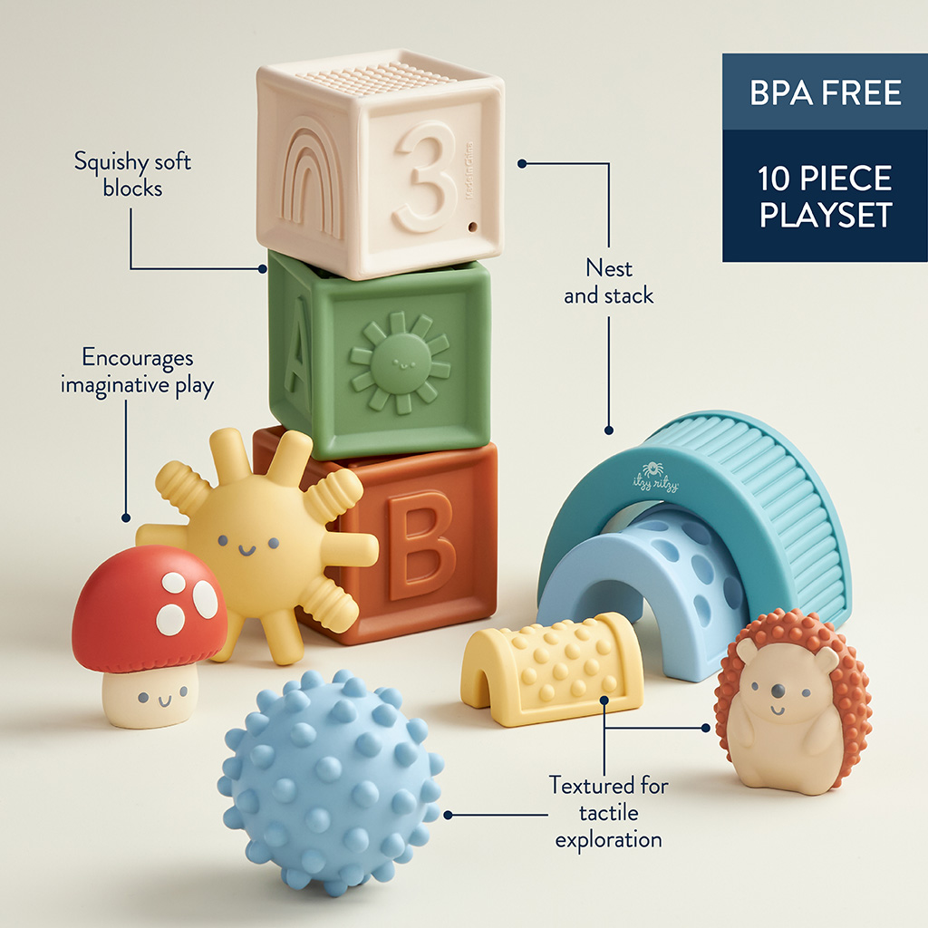 BL853201_Itzy_Ritzy_Toy_Itzy_Blocks_DigitalShelf A collection of colorful, bpa-free Itzy Ritzy Sensory Blocks 10-Piece Set including soft blocks, textured balls, and a stacking toy, designed for tactile exploration and learning.