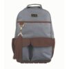 A grey backpack with tassels and brown trim.