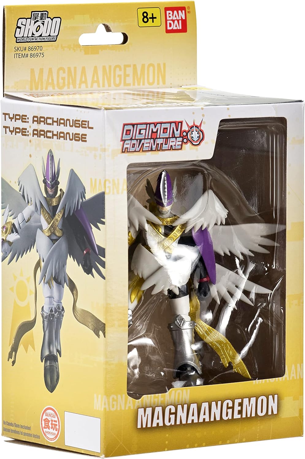 Boxed action figure of MagnaAngemon from Digimon Adventure by Bandai. The figure is in a clear plastic display within a cardboard box, labeled "MagnaAngemon" and recommended for ages 8+.