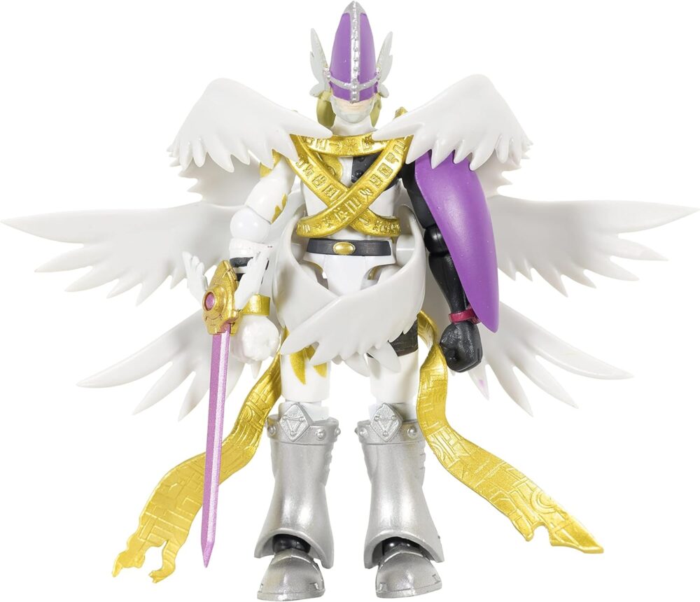 A white and gold action figure with large wings, a purple sword and shield, and detailed armor stands in a neutral pose.